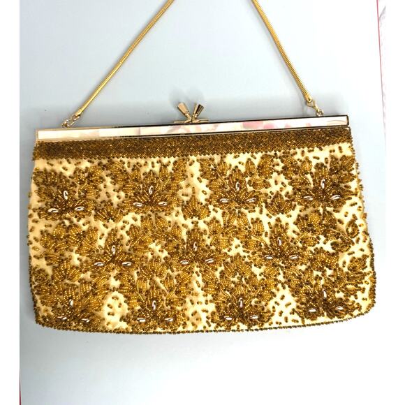 Vintage Gold Beaded Evening Bag w/Mother of Pearl Inlay - Bags By Debbie HK - Picture 2 of 8